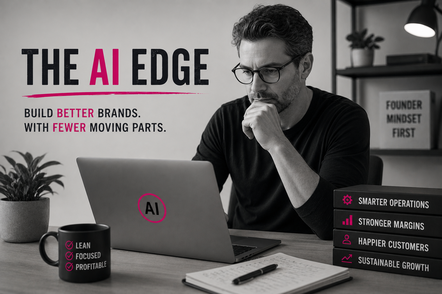 Grayscale illustration of an ecommerce founder using AI to streamline business operations, with subtle magenta highlights representing smarter systems, stronger margins and sustainable growth. This image is AI-generated.