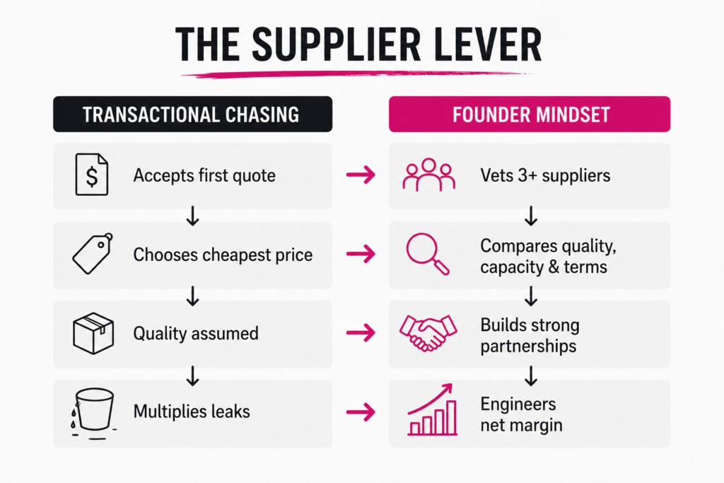 The Supplier Lever showing how strong ecommerce supplier relationships influence product quality, reliability, operating risk and profit margins.
