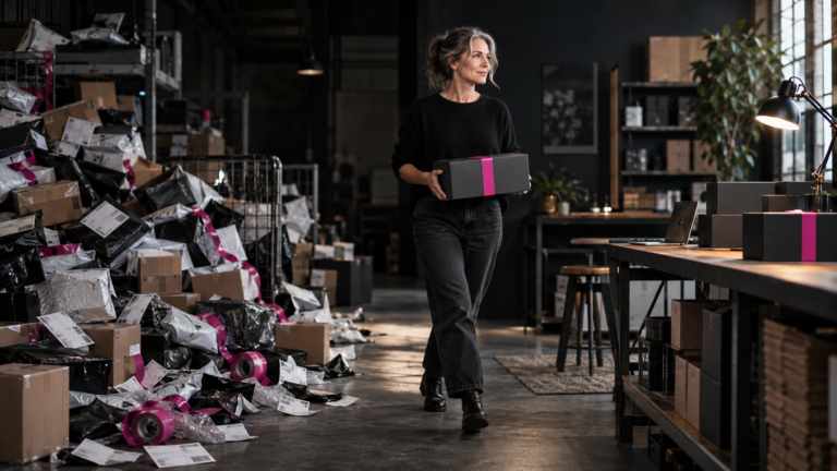 Female ecommerce founder carrying a premium presentation box away from chaotic dropshipping parcels towards an organised fulfilment operation she controls.