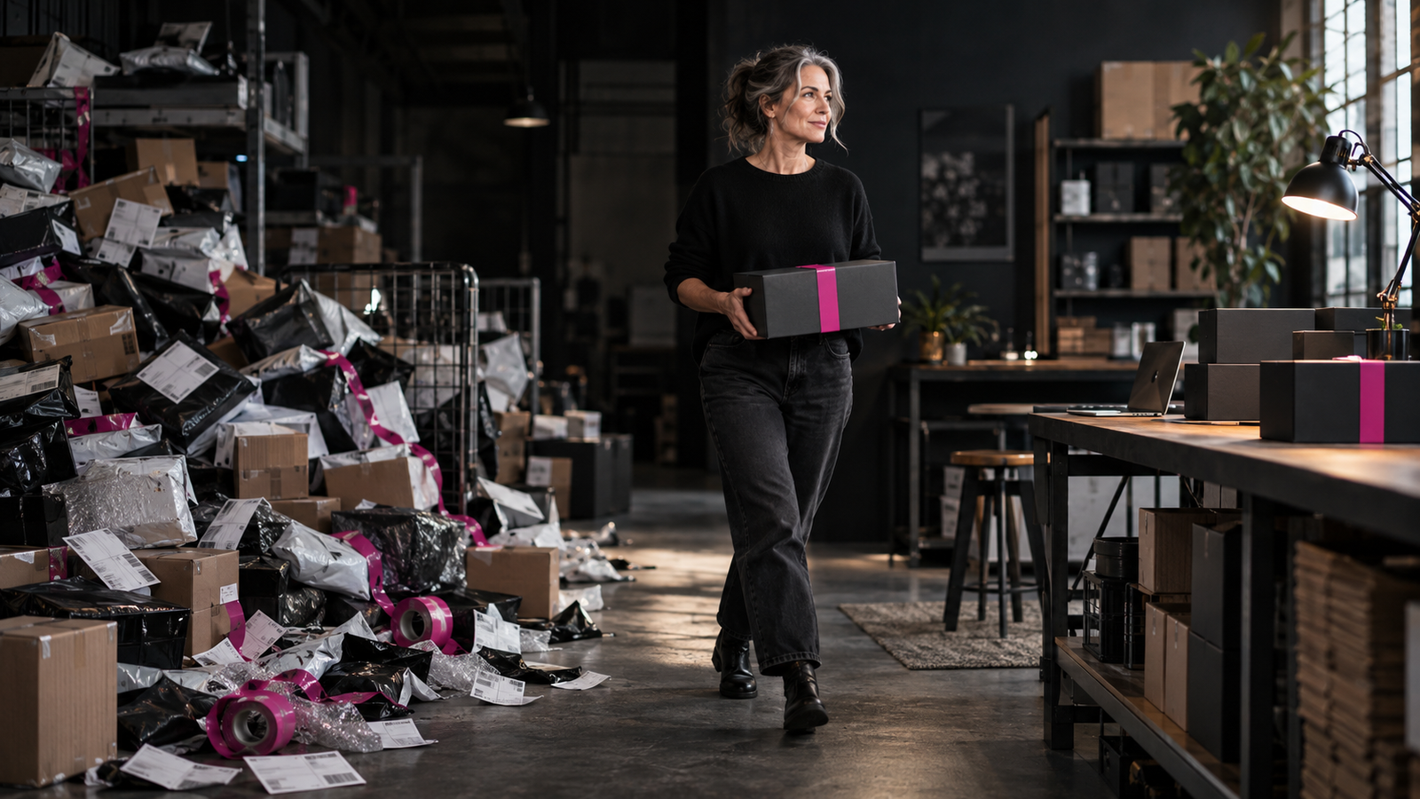 Female ecommerce founder carrying a premium presentation box away from chaotic dropshipping parcels towards an organised fulfilment operation she controls.